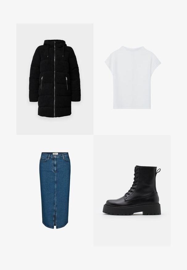 Zwarte corduroy pufferjas met capuchon, voorzien van een volledige rits aan de voorkant, twee met rits afgesloten zijzakken en een doorgestikte textuur.; Witte top met korte mouwen, kenmerkend door een relaxte pasvorm, lichte stof en een ronde halslijn. De achterkant toont een glad, eenvoudig ontwerp.; Denim kokerrok in donkerblauw, met een voor Slits, vijf zakken en contrasterende stiksels. Mid-rise taille met een klassiek ontwerp.; Zwarte leren enkelboots met een ronde neus, vetersluiting aan de voorkant en een dikke rubberen zool met een gestructureerd profiel. Trekbandje aan de achterkant.