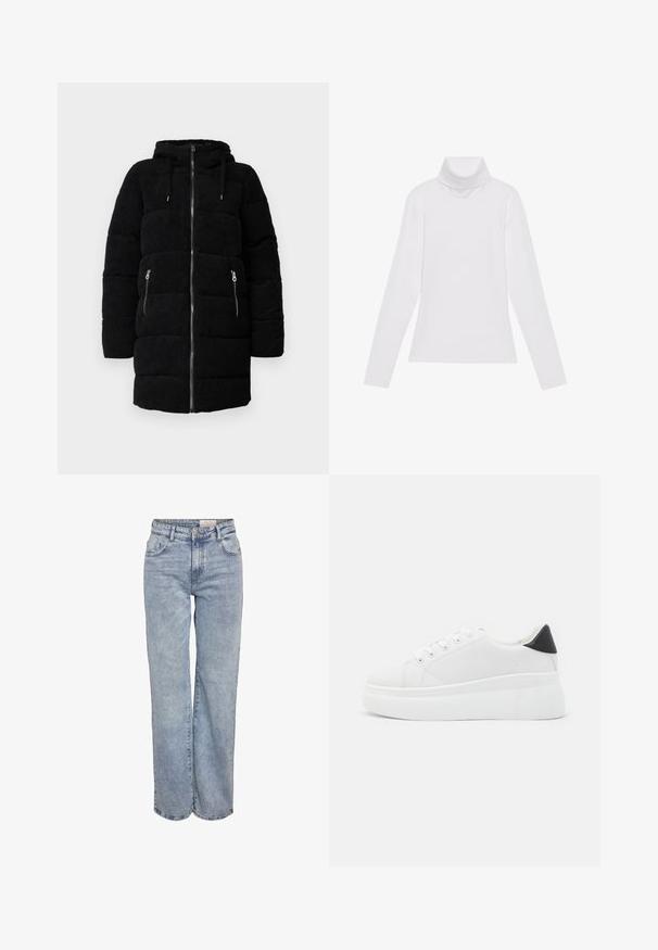 Mustard-kollane sametist puffer jakk kapuutsiga, millel on täispikk tõmblukk, kaks tõmblukuga küljetaskut ja tikandiga tekstuur.; Valge pikkade varrukate turtleneck-särk, mis on valmistatud siledast ja venivast kangast. Omab kõrget kraed ja keha lähedast lõiget, ilma nähtavate mustrite või kaunistusteta.; Heledad sinine laia jalaeest, valmistatud denimist, kõrge vöökohaga, viie tasku disainiga ja kerge tuhmumisega, mis annab kulunud välimuse.; Valged platvormsneakerid, mis on valmistatud siledast sünteetilisest materjalist, ovaalse toe, paelkinnise disaini ja tekstuurse kummitaldiga. Must kontsrihm.