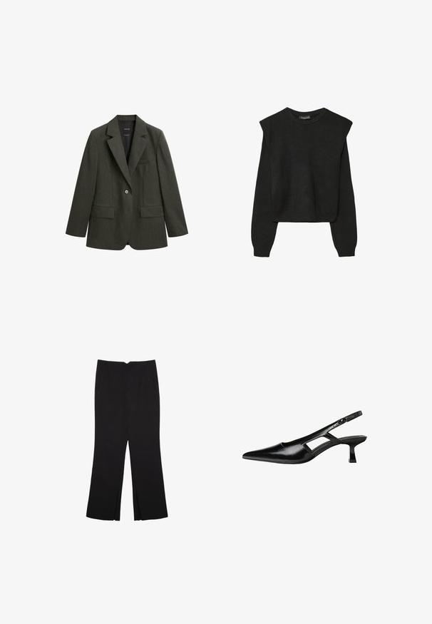 Dunkelgrünes Blazer aus strukturiertem Stoff, mit Reverskragen, einem Knopf und zwei vorderen Taschen.; Schwarzer, langärmeliger, gestrickter Pullover mit gepolsterten Schultern sowie gerippten Bündchen und Saum, dargestellt vor einem weißen Hintergrund.; Schwarze Hose mit geradem Schnitt, ausgestattet mit Fronttaschen und Seitenschlitzen am Saum. Hergestellt aus weichem, glattem Stoff. Geeignet für verschiedene Anlässe.; Schwarze Lackleder-Slingback-High Heels mit spitzer Zehenform, ausgeschnittenem Seitendesign und kleinem Blockabsatz. Glatte Textur mit minimalen Akzenten.
