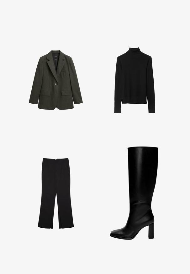 Tmavě zelený blazer vyrobený z texturované tkaniny, s klopovými límci, jedním knoflíkem a dvěma předními kapsami.; Černý rolák z měkké pleteniny. Disponuje dlouhými rukávy a úzkým střihem se rovnými okraji.; Černé kalhoty s rovným střihem, s předními kapsami a bočními rozparky na lemu. Vyrobené z jemné, hladké tkaniny. Vhodné na různé příležitosti.; Černé kožené vysoké boty až ke kolenům se čtveratou špicí a masivním podpatkem. Hladká textura, těsný střih a žádné viditelné kovové prvky či vzory.