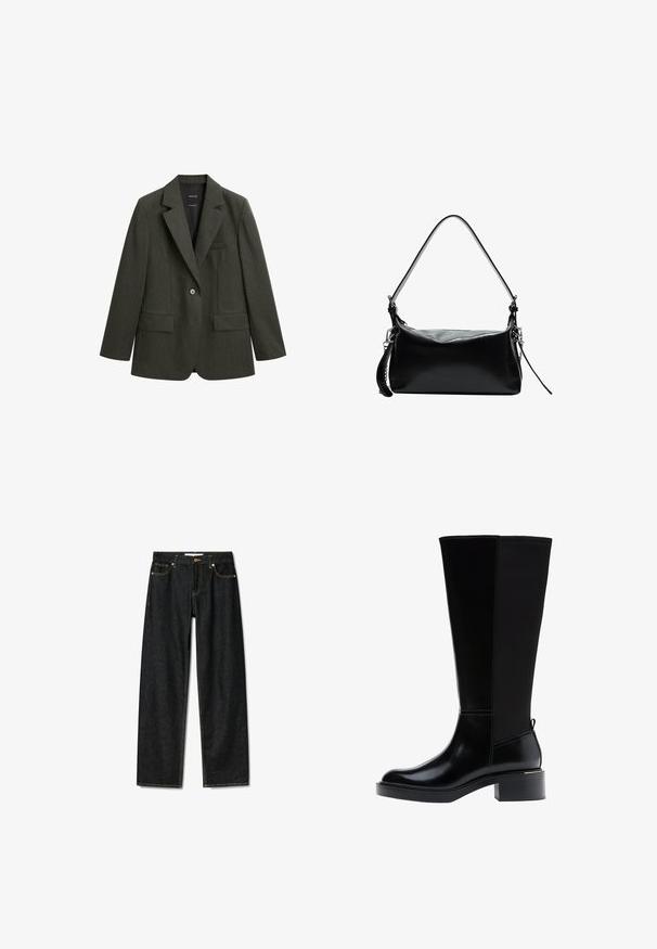 Blazer verde scuro realizzato in tessuto testurizzato, con rever a taglio, un bottone singolo e due tasche frontali.; Maglione a collo alto di colore nero realizzato in morbido tessuto a maglia. Presenta maniche lunghe e un design aderente con orlo diritto.; Jeans in denim scuro con un design a gamba dritta, chiusura a bottone in ottone e cuciture gialle a contrasto. Presentano cinque tasche e una vestibilità classica.; Stivale nero fino al ginocchio in pelle liscia, con evidenti cuciture, tacco spesso e pannello posteriore testurizzato per un tocco di interesse in più.; Borsa a tracolla in pelle nera con una tracolla curva, texture liscia, forma rettangolare, chiusura con zip e dettagli in metallo argentato.