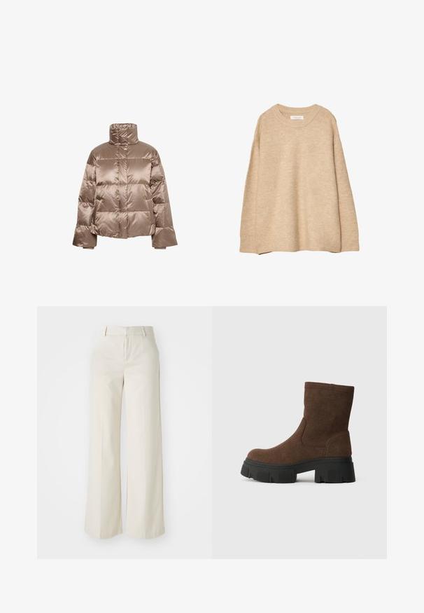 Pufasta jakna od bež satena s visokim ovratnikom, kvadratnim dizajnom i širokim krojem. Ima bočne džepove i elastične manžete.; Bež džemper od mekanog pletenog materijala s okruglim izrezom, dugim rukavima, te rebrastim manžetama i rubom. Minimalistički dizajn bez uzoraka.; Hlače širokih nogavica u svijetloj bež boji, izrađene od glatke tkanine. Imaju klasičnu elastičnu traku u struku i ravni prednji dio s čistim linijama.; Smeđi antilop čizmi do gležnjeva s teksturiranim završetkom, okruglim vrhom i masivnom crnom gumom potplatom s uzorkom.