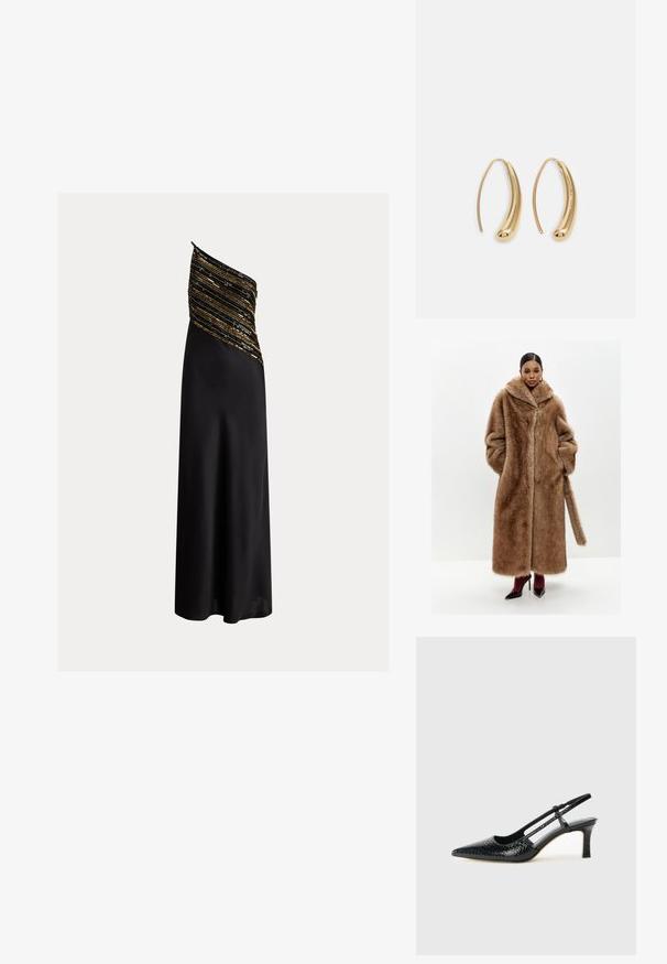 Palton din blană artificială maro, cu guler lat, mâneci lungi și buzunare laterale; are un închizător frontal și o curea din blană asortată.; Rochie de seară neagră, cu un bust asimetric, drapat, decorat cu paiete aurii și negre. Tesătură netedă și fluidă care se scurge până la podea.; Pantofi cu toc slingback negri din patent, cu vârf ascuțit, cu imprimeu de șarpe texturat, curea ajustabilă și toc scurt texturat.; Cercei din metal auriu, cu un design curbat și alungit. Au o suprafață netedă și strălucitoare, cu un vârf rotunjit pentru un detaliu suplimentar.