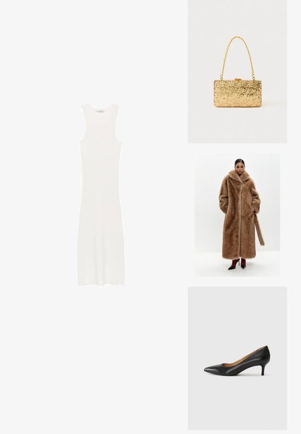 Brun falsk pelsfrakke med en bred krave, lange ærmer og sidelommer; har en frontlukning og et matchende pelsbælte.; Hvid, ærmeløs, ribbet strikkjole med en tætsiddende silhuet, der når under knæene. Enkel og minimalistisk design uden mønstre eller hardware.; Sorte læderpumper med spids tå, lav hæl og en glat tekstur. Har en let åbning foran og minimal hardware bagpå.; Gylden paliet pung i rektangulær form, med et snoet kædehåndtag og en metalspænde lukning, der reflekterer lys med en struktureret overflade.