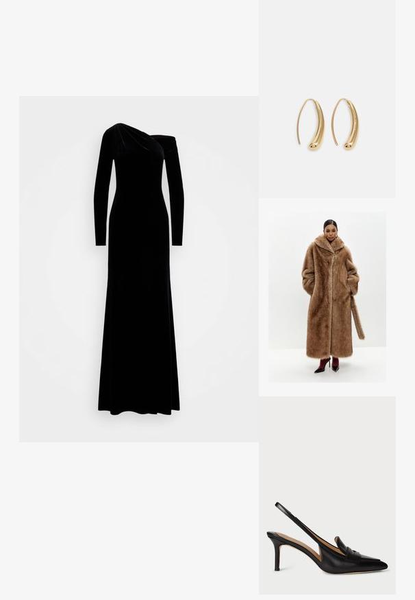 Ruskea tekoturkishuppu, jossa on leveä kaulus, pitkät hihat ja sivutaskut; siinä on etuaukko ja yhteensopiva turkishihna.; Musta samettimekko, jossa on tiukka siluetti. Varustettu pitkillä hihoilla ja epäsymmetrisellä pääntiellä, mikä luo sulavan ja tyylikkään muotoilun.; Musta nahkainen slingback-pumppu, jossa on teräväkärkinen muotoilu, matala korko ja koristeellinen hihna jalan päällä. sileä rakenne ja minimalistinen muotoilu.; Kultaiset paljetti-clutchet, joissa on suorakulmainen muotoilu, kierretty ketjukahva sekä metallinen lukitus, heijastavat valoa teksturoidun pinnan ansiosta.; Korvakorut kultasävytteistä metallista, joissa on kaareva, pitkänomainen muoto. Ominaisuuksiin kuuluu sileä, kiiltävä pinta ja pyöreä kärki lisäyksinä.