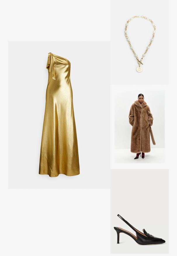 Barna műszőrme kabát széles gallérral, hosszú ujjakkal és oldalsó zsebekkel; elülső záródással és színben illeszkedő szőrme övvel rendelkezik.; Arany egyvállas szatén ruha vállpánttal, sima, fényes textúrával és földig érő szabással.; Fekete bőr slingback pumpa, hegyes orral, alacsony sarokkal és díszes pánttal a középtalpon. Simaszerkezet és minimalista dizájn.; Arany flitteres clutch táska, téglalap alakú, csavart lánckarabinerekkel és fém záródással, mely fényt tükröz a textúrált felületének köszönhetően.; Aranylánc nyaklánc fehér gyöngyökkel díszítve, kör alakú medállal, amelyen egy domború logó található, tolózárral rögzítve.