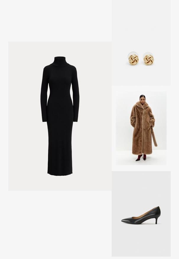 Abrigo de piel sintética marrón con un cuello ancho, mangas largas y bolsillos laterales; cuenta con un cierre frontal y un cinturón de piel a juego.; Vestido negro de manga larga con cuello alto, confeccionado en una tela de punto suave. Presenta una silueta ajustada y llega hasta la mitad de la pantorrilla.; Zapato de tacón negro de cuero con punta afilada, tacón bajo y textura suave. Presenta una ligera apertura en la parte frontal y un hardware minimalista en la parte trasera.; Clutch dorado de lentejuelas con forma rectangular, que presenta un asa de cadena trenzada y un cierre de metal, reflejando la luz con un acabado texturizado.; Pendientes de botón en tono dorado con un diseño retorcido. Cada pendiente cuenta con un respaldo circular transparente para una sujeción segura.