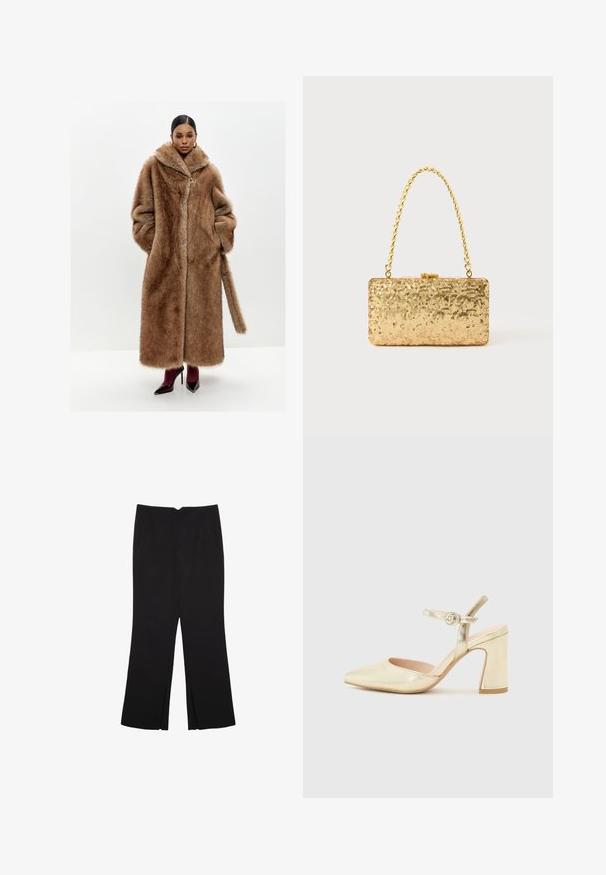 Cappotto in pelliccia sintetica marrone con ampio colletto, maniche lunghe e tasche laterali; presenta una chiusura frontale e una cintura in pelliccia abbinata.; T-shirt bianca a maniche corte con scollo rotondo ampio e texture a coste, realizzata in tessuto morbido, caratterizzata da una vestibilità rilassata e un design pulito.; Pantaloni neri a gamba dritta, con tasche frontali e spacchi laterali all'orlo. Realizzati in tessuto morbido e liscio. Adatti a diverse occasioni.; Scarpa con tacco in metallo dorato, punta affilata, cinturino alla caviglia con un gancio circolare e design con tacco robusto. Texture liscia.; Clutch oro in paillettes con forma rettangolare, dotata di una maniglia in catena attorcigliata e una chiusura a scatto in metallo, che riflette la luce con una finitura testurizzata.