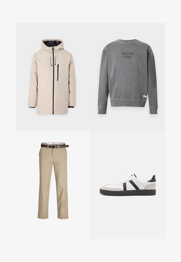 Veste d'extérieur beige avec capuche, dotée d'une doublure noire, d'une fermeture éclair à l'avant et de deux poches latérales. Texture lisse avec cordons de serrage réglables.; Sweatshirt gris à manches longues avec un col rond, portant le texte "SURPLUS DNM" imprimé en noir sur la poitrine et une petite étiquette blanche près de l'ourlet.; Pantalons en cotonbeige à coupe droite, avec passants de ceinture, une ceinture en cuir marron et un design classique. Texture lisse et robuste.; Baskets blanches avec des accents noirs et gris, présentant un embout texturé gris, une semelle en caoutchouc noir et des lacets plats blancs. Design épuré, style minimaliste.