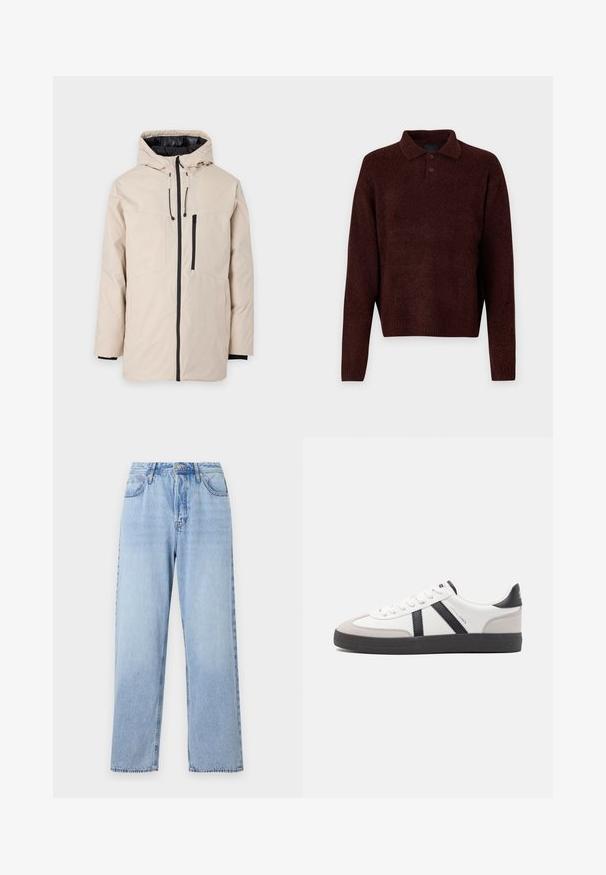 Giacca esterna beige con cappuccio, dotata di foderato nero, zip frontale e due tasche laterali. Tessuto liscio con cordini regolabili.; Pullover marrone lavorato a maglia con colletto polo, tre bottoni al collo e maniche lunghe. Texture morbida, polsini e orlo a costine.; Jeans in denim blu chiaro con vestibilità dritta, vita alta, cinque tasche e chiusura con bottone superiore. Presentano un lavaggio sbiadito e cuciture a contrasto.; Sneaker bianco con accenti neri e grigi, dotata di una punta grigia testurizzata, suola in gomma nera e lacci bianchi piatti. Design pulito, stile minimalista.