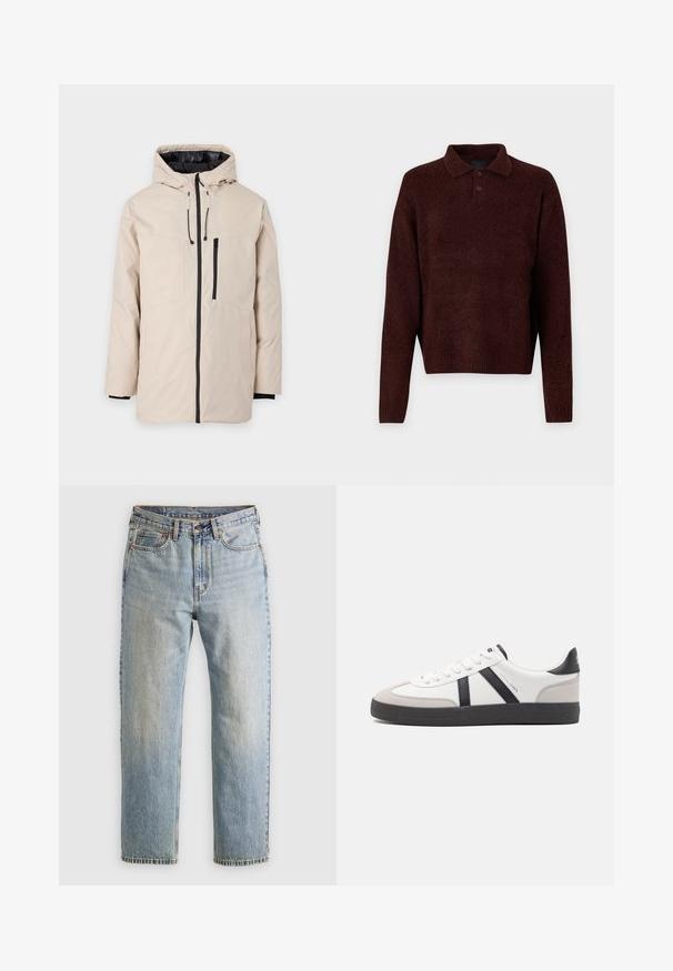 Bežna zunanja jakna s kapuco, ki ima črn podlog, sprednji zadrgo in dve stranski žepi. Gladek material z nastavljivimi vrvicami.; Rjav pleten pulover s polo ovratnikom, tremi gumbi na vratu in dolgimi rokavi. Mehak material, rebrasti manšeti in rob.; Svetlo modri džins hlače z visokim pasom, sprednjim gumbom, zadrgo in petimi žepi, laid flat na nevtralni podlagi.; Bela športna obutev z črnimi in sivo akcenti, z teksturirano sivo kapico za prste, črnim gumijastim podplatom in ravnimi belimi vezalkami. Čista zasnova, minimalistični slog.