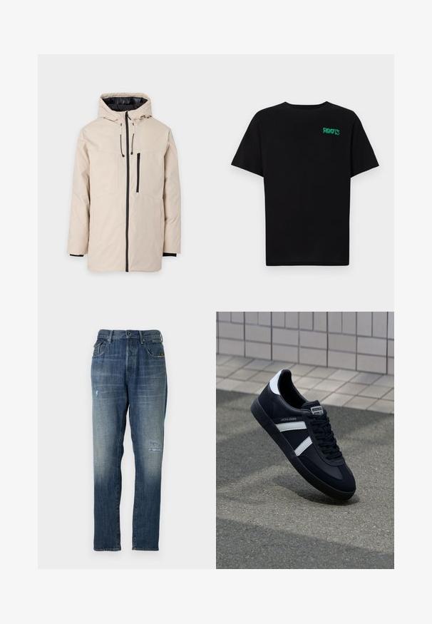 Beżowa kurtka na zewnątrz z kapturem, z czarną podszewką, zamek błyskawiczny z przodu i dwoma bocznymi kieszeniami. Gładka tekstura z regulowanymi sznurkami.; Czarna koszulka z bawełny z krótkim rękawem. Posiada zielone logo "ROOTS" z przodu, okrągły dekolt i standardowy krój.; Dżinsy z denimu w wyblakłym niebieskim kolorze, o prostym kroju nogawki, umiarkowanym przetarciu z przodu oraz klasycznym pięciopocketowym stylu.; Czarne skórzane sneakersy z białymi paskami, teksturowana gumowa podeszwa i sznurowane z przodu. Posiadają metkę marki na języku.