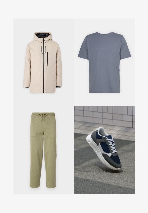 Casaco de exterior bege com capuz, apresentando um forro preto, fecho frontal com zipper e dois bolsos laterais. Textura suave com cordões ajustáveis.; T-shirt cinza de manga curta com gola redonda, feita de um tecido suave em mistura de algodão. Design simples, sem padrões ou detalhes.; Calças verde-oliva claras feitas de um tecido de algodão misto, com um cós elástico com cordão e dois bolsos laterais grandes.; Sapatilha com parte superior em malha azul-marinho, detalhes em camurça cinza, sola de borracha branca e atacadores brancos planos, projetada para conforto e respirabilidade.