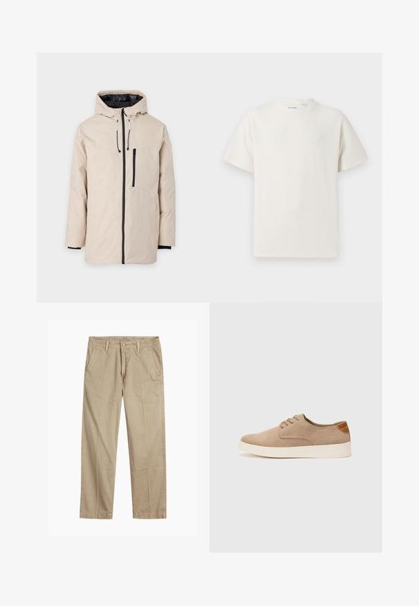 Beige utendørsjakke med hette, med svart fôr, frontglidelås og to sidelommer. Glatt tekstur med justerbare snor.; Hvit T-skjorte med kort erm i ribbestrikket tekstur. Rund hals, avslappet passform, ingen synlige mønstre eller detaljer. Enkelt og allsidig design.; Beige straight-leg chinos med beltehemper, frontlukking med knapp og glidelås, og skrå frontlommer.; Beige semskinnsko med rund tå, snøring foran og en teksturert bakre aksent. Hvit gummisåle gir kontrast. Enkelt og moderne design.