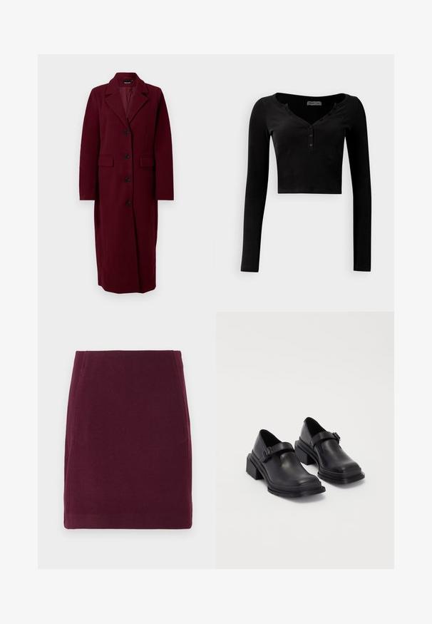 Casaco longo de lã vermelho escuro com quatro botões pretos, lapelas largas e dois bolsos frontais com aba, exibido contra um fundo branco liso.; Sweatshirt preto, com manga longa e corte curto, feito de tecido canelado, apresentando um decote em V e fecho de três botões na frente.; Vero Moda VMFORTUNALLISON SHORT - Saia evasé - winetasting; Sapatos de couro pretos com um bico redondo, sola plana e uma fita com detalhe de fivela. Salto bloco robusto para maior estabilidade.