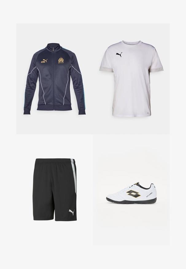 Lähtäjät navy-värinen urheiluhaalari, joka on valmistettu polyesterista. Se sisältää valkoiset kontrastit, kultaiset logokoristeet ja siniset raidat hihoissa. Täydellinen vetoketjukiinnitys edessä.; Valkoinen lyhythihainen urh-Shirt, jossa on pyöreä pääntie, ja sivuilla hengittäviä verkkomateriaaleja sekä musta Puma-logo rinnassa.; Mustat urheilushortsit, jotka on valmistettu kevyestä kankaasta. Niissä on valkoinen sivuraidan ja valkoinen Puma-logo vasemmassa etuosassa.; Valkoiset urheilukengät mustilla ja keltaisilla yksityiskohdilla, joissa on teksturoitu päällinen, pyöreä kärki ja musta kumipohja. Suunnittelussa on logotieto sivulla.