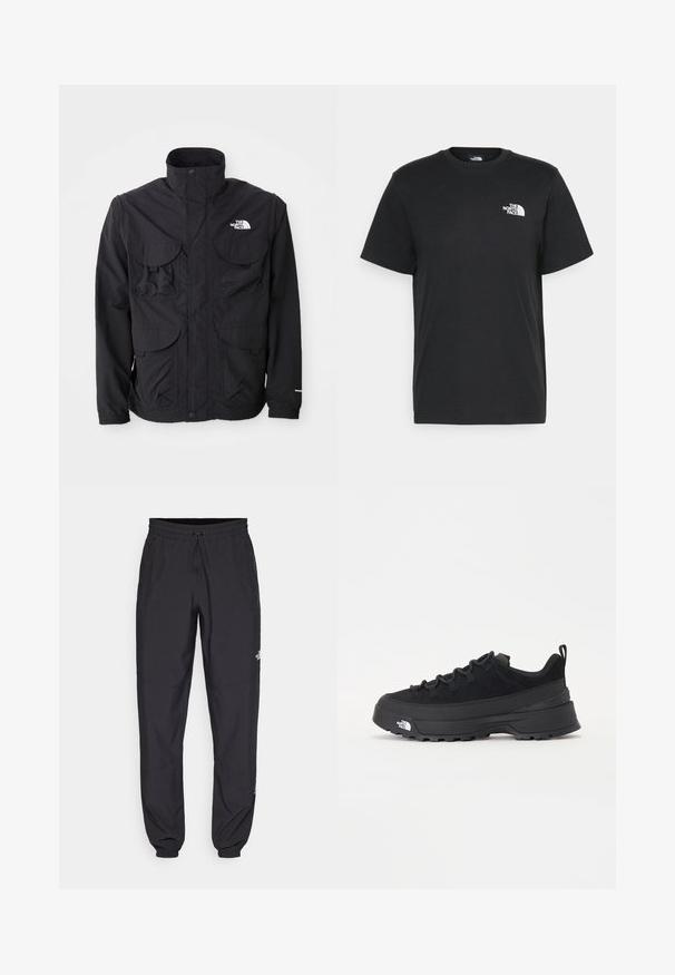 Black jacket with a high collar, two front flap pockets, a zippered closure, and logo on the upper right side. Lightweight, outdoor design.; Black cotton t-shirt with short sleeves, crew neck, and a small white logo on the left chest. Simple design, smooth texture, and relaxed fit.; Black athletic pants made from lightweight fabric, featuring a drawstring waistband, side pockets, and tapered cuffs at the ankles.; Black outdoor sneaker with a suede upper, textured rubber sole, and sturdy lacing system. Features a reinforced heel and brand logo on the side.