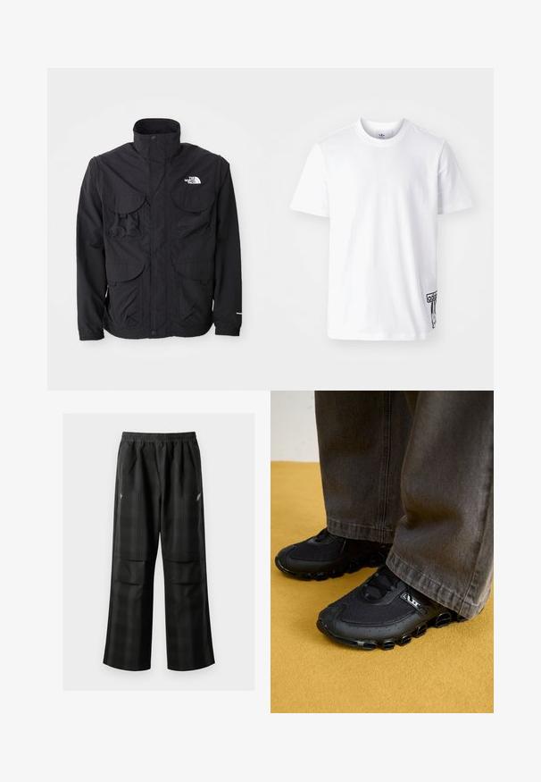 Must mustaga kõrge kraega, kahe esifliiphülsiga tasku, lukuga sulgemine ja logo ülemisel paremal küljel. Kerge, välistingimustes kasutamiseks mõeldud disain.; Valge puuvillane T-särk lühikeste varrukatega, ümarnee ja must Adidas logoplaat alumises vasakus nurgas. Sile tekstuur.; Mustas ruudulised püksid, millel on elastne vöökoht, kaks esimest taskut ja laiem lõige sirge jala disainiga. Valmistatud kergest materjalist.; Mustad mustriga sportjalatsid, millel on võrgust pealis, kumer talla ja eristuvad ümarad aktsendid. Kombineeritud tumedate, vabalt rippuvate pükstega.