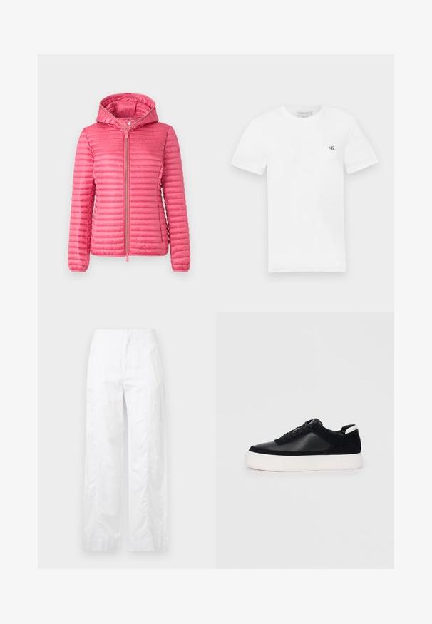 Jachetă pufoasă roz cu glugă, având o textură matlasată orizontală, fermoar frontal și manșete elastice pentru o potrivire sigură.; Tricou alb din bumbac, cu mâneci scurte și decolteu rotund. Prezintă un mic logo negru "ck" pe pieptul stâng. Textură netedă.; Pantaloni albi cu croială largă, fabricați dintr-un material ușor, având o textură netedă, linii curate și un design cu talie înaltă.; Sneaker negru cu piele netedă și panouri din întăritură, șireturi plate, vârf rotund și talpă din cauciuc alb. Logo distinct pe călcâi.