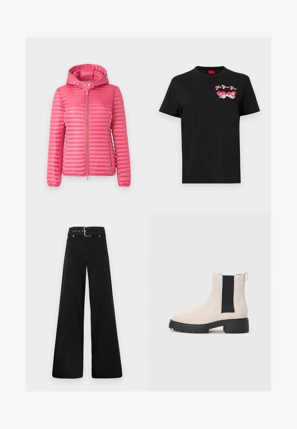 Różowa kurtka puchowa z kapturem, z poziomym pikowanym wzorem, zamek błyskawiczny z przodu oraz elastyczne mankiety zapewniające pewne dopasowanie.; Czarna bawełniana koszulka z krótkim rękawem, z różowym graficznym wzorem okularów przeciwsłonecznych i napisem "Nie Twoja Dziewczyna" po lewej stronie klatki piersiowej.; Czarne spodnie o szerokich nogawkach wykonane z bawełny, z wysokim stanem, dużymi bocznymi kieszeniami i paskiem w talii z akcentami w kolorze srebrnym.; Beżowe zamszowe botki Chelsea z czarną elastyczną wstawką po bokach, masywną czarną podeszwą i pętelką przy kostce.