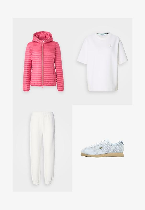 Pink puffer jacket with a hood, featuring horizontal quilted texture, front zipper, and elastic cuffs for a secure fit.; White short-sleeve Lacoste T-shirt with crew neck and small green crocodile logo on the left chest.; White sweatpants made of soft, knitted fabric. Elastic waistband and cuffs provide a relaxed fit. Minimalist design, no visible patterns or accents.; Light blue mesh sneakers with a beige rubber sole, white laces, and green logo detail. Features a round toe and textured side panels.