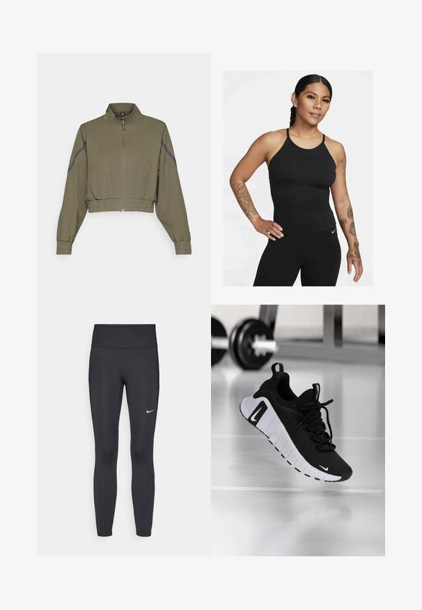 Maslinasto zelena skraćena jakna s visokim kragnom, zatvaranjem na zip, elastičnim manžetama i bočnim džepovima; sadrži tamnosive bočne pruge.; Crna atletska majica bez rukava s visokim izrezom i tankim naramenicama. Tkanina je glatka s pripijenim dizajnom, upotpunjena odgovarajućim tajicama.; Crne tajice izrađene od rastezljivog materijala, s visokim strukom i bijelim Nike logotipom na lijevom bedru. Glatka tekstura, dizajn koji prati obline.; Crna atletska cipela s gornjim dijelom od teksturirane tkanine, bijelim potplatom i istaknutim sustavom vezanja. Ima Nike logo i mekan, jastučićem obložen dizajn.