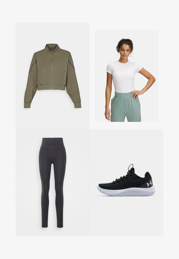 Oliivroheline lühike jakk kõrge kraega, lukuga kinnitamine, elastsed mansetid ja küljetaskud; sisaldab tumedashallide külgtriipide detaile.; Valge lühikeste varrukatega T-särk, millel on sobiv lõige, kombineeritud helesiniste elastsete vöökohtpükstega. Sile tekstuur, minimalistlik disain ja nähtavaid mustreid pole.; Mustad venitusmaterjalist mustad legginsid, kõrge vöökohaga, küljetaskute ja siledate õmblustega, et tagada sujuv viimistlus.; Mustad mustren pruunid sportlikud kingad, millel on hingav võrgust pealis, tekstuuriga detailid ja valgest kummist talla. Omavad lapikuid paelu ja kandmismehhanismi.