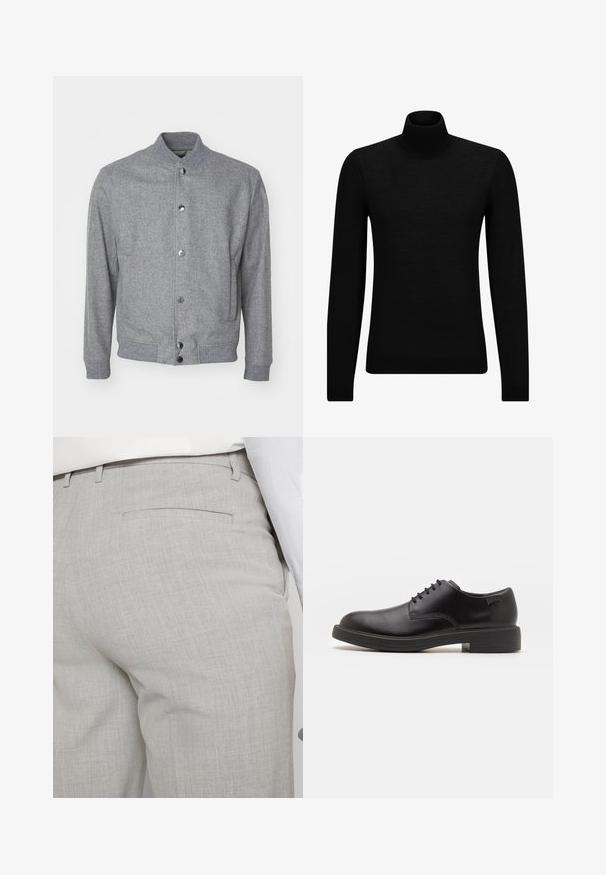 Pilkas, pintas švarkas su aukštu apykakle, priekyje užsegamas mygtukais, su šoninėmis kišenėmis ir raštuotais rankogaliais bei apačia. Minkšta tekstūra, laisvas siluetas.; Juodas aukšto kaklo megztinis, pagamintas iš minkštos medžiagos, su ilgomis rankovėmis ir prigludusia forma. Su raukiniais apačioje ir rankogaliuose. Paprastas dizainas.; Šviesiai pilkos spalvos pritaikytos kelnės iš faktūrinės medžiagos, turinčios vieną užpakalinę kišenę ir tvarkingus siūlus.; Juodas odinis batų modelis su raišteliais, apvaliu nosiu, lygiu paviršiumi, minimaliai siuvinėjimu ir žemu guminėmis pakulne. Ant pakulnės šalia logo.