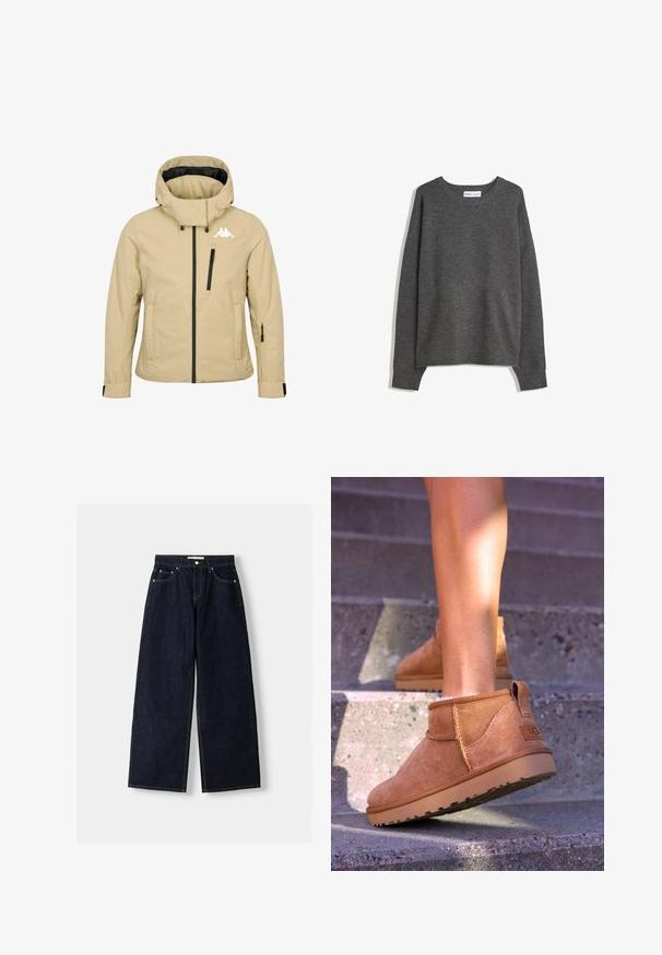 Beige Kapuzenjacke mit Frontreißverschluss, Brust- und Ärmeltaschen mit Reißverschluss, verstellbaren Bündchen und weißem Markenlogo auf der oberen linken Brust.; Grauer Strickpullover mit weitem Ausschnitt, langen Ärmeln und gerippten Bündchen. Der Stoff wirkt weich mit einer leichten Textur und bequemer Passform.; Dunkelblaue, weite Jeans mit hoher Taille, fünf Taschen, Kontrastnähten und silbernem Metallzubehör. Glatte Textur und saubere Verarbeitung.; Beige Wildleder-Ankelstiefel mit weicher Textur, gesteppten Details und einer Gummisohle, ausgestattet mit einer Schlaufe an der Ferse für einfaches An- und Ausziehen.