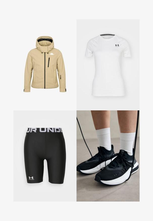 Beige Kapuzenjacke mit Frontreißverschluss, Brust- und Ärmeltaschen mit Reißverschluss, verstellbaren Bündchen und weißem Markenlogo auf der oberen linken Brust.; Weißes kurzärmliges Sport-T-Shirt aus glattem Stoff, mit einem schwarzen Under Armour-Logo auf der oberen linken Brust und einem runden Ausschnitt.; Schwarze Sportshorts mit taillierter Passform aus glattem Material. Verfügt über einen breiten elastischen Bund mit dem Aufdruck "UNDER ARMOUR" und dem Logo.; Schwarze Sportschuhe aus strukturiertem Stoff, mit weißer Sohle und schwarzen Schnürsenkeln. Tragen mit weißen gerippten Socken, stehen auf einer hellen Fläche.