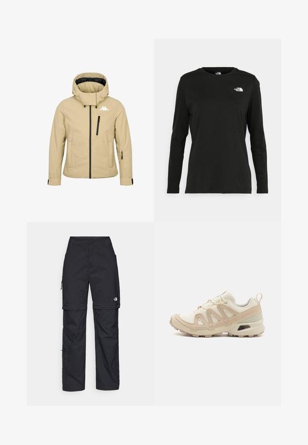 Beżowa kurtka z kapturem, z zamkiem z przodu, kieszeniami na zamek na klatce piersiowej i rękawach, regulowanymi mankietami oraz białym logotypem marki na górnej lewej części klatki piersiowej.; Czarna koszulka z długim rękawem z bawełny z okrągłym dekoltem. Posiada niewielkie białe logo po lewej stronie na piersi. Prosty design i fason.; Czarne nylonowe spodnie cargo z odpinanymi nogawkami, regulowanymi mankietami, wieloma kieszeniami oraz logo na prawej nogawce. Gładka, lekka tekstura.; Beżowe i kremowe buty sportowe z teksturowanej siateczki, wspierającymi nakładkami oraz gumową podeszwą z wzorem bieżnika zapewniającym przyczepność.