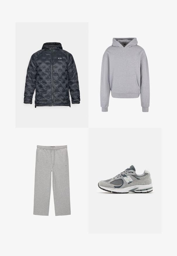 Črna podložena jakna z zadrgo in kapuco. Lastnosti vključujejo obliko baffle in majhen logotip na prsih. Gladek, lahek material.; Siva bombažna kapuca z sprednjim žepom, kapuco s vrvico in rebrastimi manšetami ter robom. Ima mehak, strukturiran zaključek.; Sive bombažne hlače za prosti čas z elastičnim pasom, vrvico in dvema stranskima žepoma; ravna zasnova nogavic, mehak material, brez vzorcev.; Sive češnje z mrežastim in usnjenim materialom, ki imajo belo logotip, oblazinjen ovratnik in teksturiran gumijast podplat. Akcenti v temnejši sivi barvi.