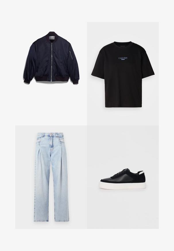Veste de bombardier navy en tissu lisse, avec des poignets et un ourlet côtelés, deux poches latérales, une poche zippée sur la manche et une fermeture éclair à l'avant.; T-shirt en coton noir avec un col rond, des manches courtes et un logo brodé bleu "Calvin Klein JEANS" sur le devant.; Jeans en denim bleu clair avec taille haute, coupe large, deux poches latérales et design plissé. Texture douce avec une finition décolorée.; Sneaker noir avec des panneaux en cuir lisse et en daim, lacets plats, bout rond et semelle en caoutchouc blanche. Logo distinct au niveau du talon.