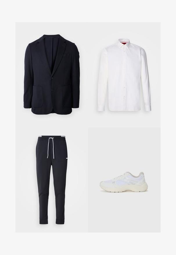 Blazer azul-marinho com frente de dois botões, lapelas recortadas, dois bolsos frontais e uma textura suave. Corte reto sem padrões ou realces visíveis.; Camisa branca de mangas longas feita de algodão, apresentando um colarinho clássico, placket frontal com botões e uma textura suave. Detalhe vermelho no interior do colarinho.; Calças de jogger ajustadas pretas com cordão branco, cintura elástica com riscas brancas e pequeno logo branco na parte superior da coxa.; Ténis brancos desportivos feitos de malha e camurça, com uma entressola texturizada, elementos texturizados e o logótipo "HUGO" na lateral.
