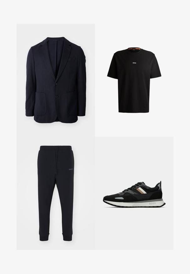 Mornarsko modra blazer jakna z dvema gumboma spredaj, zareznimi reverji, dvema sprednjima žepoma in mehko teksturo. Ravna kroja brez vidnih vzorcev ali akcentov.; Črna bombažna majica s krožnim izrezom, kratkimi rokavi in belim logotipom "BOSS" na sredini prsnega dela. Gladka tekstura, sproščen kroj.; Črne trenirke iz mehkega materiala z elastičnim pasom, vrvico in zoženimi nogami. Imajo majhen logotip na strani.; Črne tekaške čevlje z teksturirano površino, svetlo sivi poudarki in tremi vodoravnimi črtami v rjavi barvi. Imajo belo oblazinjeno podplat.