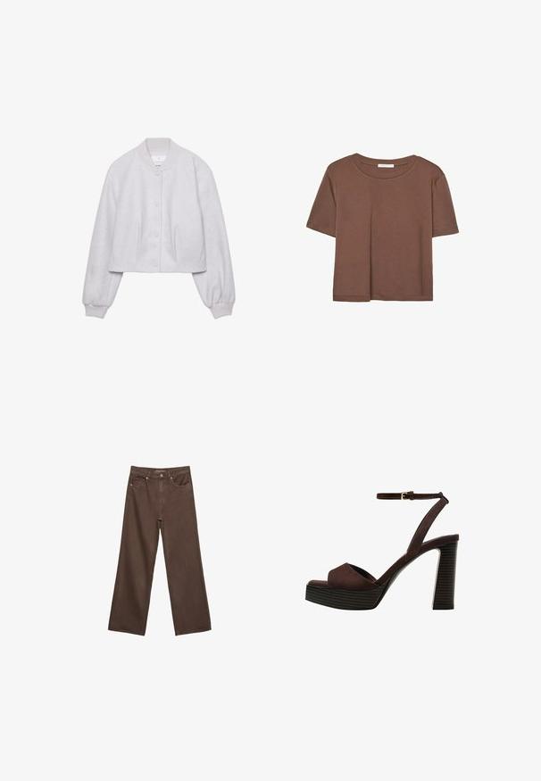 Ljusgrå cropped bomberjacka i mjukt tyg, med ribbad krage, knäppningar och veckade detaljer på framsidan.; Brun kortärmad t-shirt i mjukt tyg, med rund halsringning och avslappnad passform. Inga synliga mönster eller detaljer.; Breda bruna jeans i denim med hög midja, framfickor och klassisk knäppning. Slät textur med subtil sömnad.; Bruna mocka högklackade sandaler med öppen tå, justerbar vristrem och en randig plattformssula.