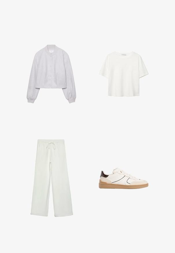 Jasnoszara, krótka bomberka uszyta z miękkiego materiału, z prążkowanym kołnierzem, zapięciem na guziki i plisowanymi detalami z przodu.; Biała koszulka z krótkim rękawem, wykonana z bawełny. Posiada okrągły dekolt i luźny krój. Gładka faktura bez widocznych wzorów czy akcentów.; Białe spodnie o szerokich nogawkach wykonane z miękkiego materiału. Posiadają elastyczny pas ze sznurkiem i gładką teksturę. Brak widocznych wzorów lub elementów metalowych.; Stradivarius - Sneakersy niskie