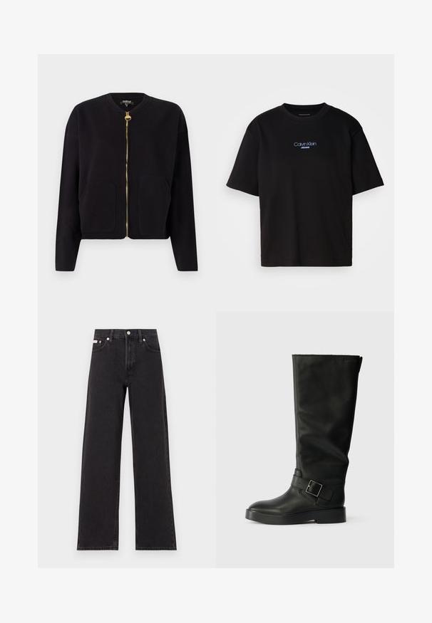 Černá mikina na zip vyrobená z měkké tkaniny s kulatým výstřihem, dvěma předními kapsami a zlatými kovovými doplňky na zipu.; Černé bavlněné tričko s kulatým výstřihem a krátkými rukávy, s modrou vyšitou nášivkou "Calvin Klein JEANS" na přední straně.; Černé široké jeansy vyrobené z denimu, s vysokým pasem, pěti kapsami a kovovým zapínáním s kontrastním prošíváním.; Černé kozačky do výšky kolen vyrobené z hladké kůže, s kulatou špičkou, silnou podešev a vodorovným popruhem se čtvercovou sponou.