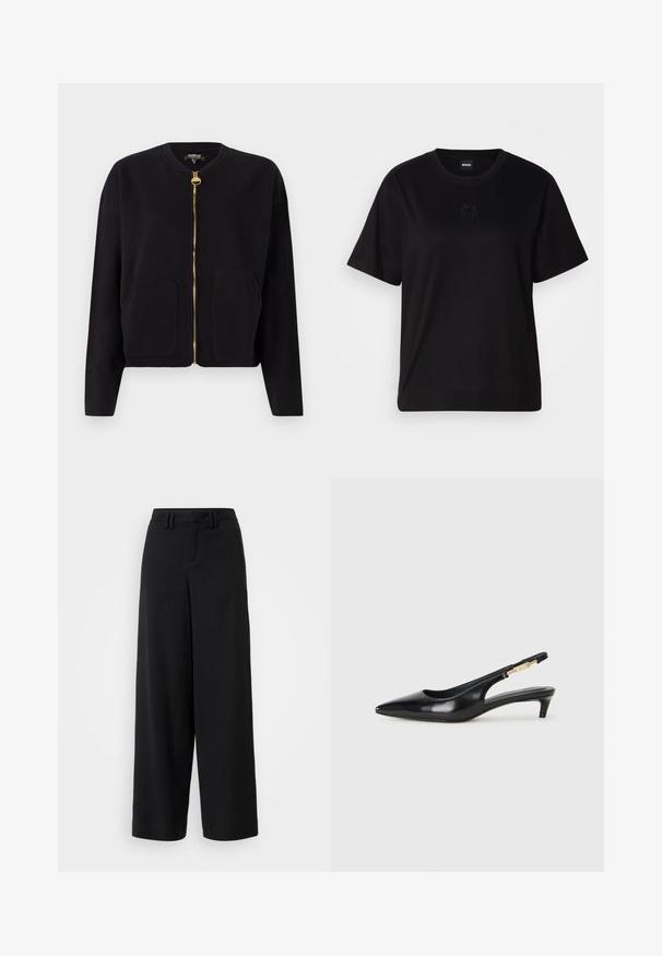 Black zip-up sweatshirt made from soft fabric with a round neckline, two front pockets, and gold hardware on the zipper.; Black cotton t-shirt with a crew neckline, short sleeves, and an embroidered logo on the chest. Simple, relaxed fit with no patterns.; Black wide-leg trousers made of smooth fabric, featuring a flat-front design, pleated details, and belt loops at the waistband.; Black leather slingback heels with a pointed toe, featuring a slim heel and a gold-tone accent on the adjustable strap. Smooth texture.