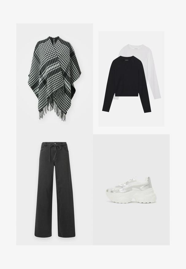 Juodas ir baltas patikrintas pončas su frakciniais kraštais, pagamintas iš minkštos medžiagos, turintis drapiruotą dizainą ir v-kaklo atidarymą viršuje.; Du dušo ilgomis rankovėmis marškiniai: vieni juodi, kiti balti. Abu marškiniai turi apvalų iškirpimą, raglan tipo rankoves ir minkštą medvilnės mišinio audinį.; Juodos plačios džinsinės kelnės, pagamintos iš džinsinio audinio, su raišteliu ties liemeniu, dviem priekinėmis kišenėmis ir lygiu paviršiumi. Be matomų raštų ar akcentų.; Sidabriniai sportbačiai su tekstūriniu tinkliniu viršumi ir iššokančiomis akcentais, turintys masyvų baltą pado ir raištelių užsegimą.