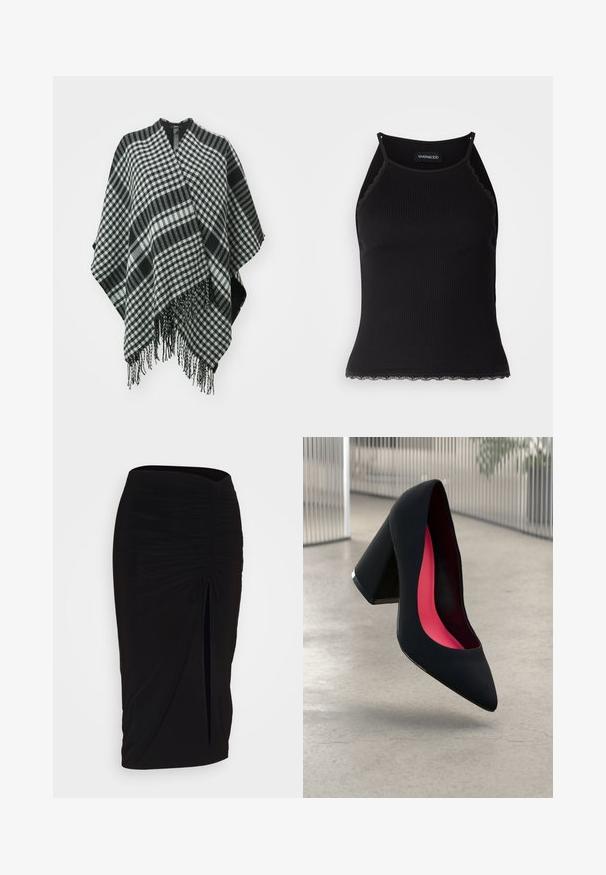 Black and white checked poncho with fringed edges, made of soft fabric, featuring a draped design and v-neck opening at the top.; Black ribbed tank top with scalloped lace trim at the hem. Features thin straps and a fitted design. Made from stretchable fabric.; Black, ruched pencil skirt with tie detail and a side slit. Made from a stretchy fabric, featuring a smooth texture and form-fitting design.; Black high-heeled shoe with a pointed toe and a textured upper. Interior features bright pink lining. Square heel with metallic accent at the base.