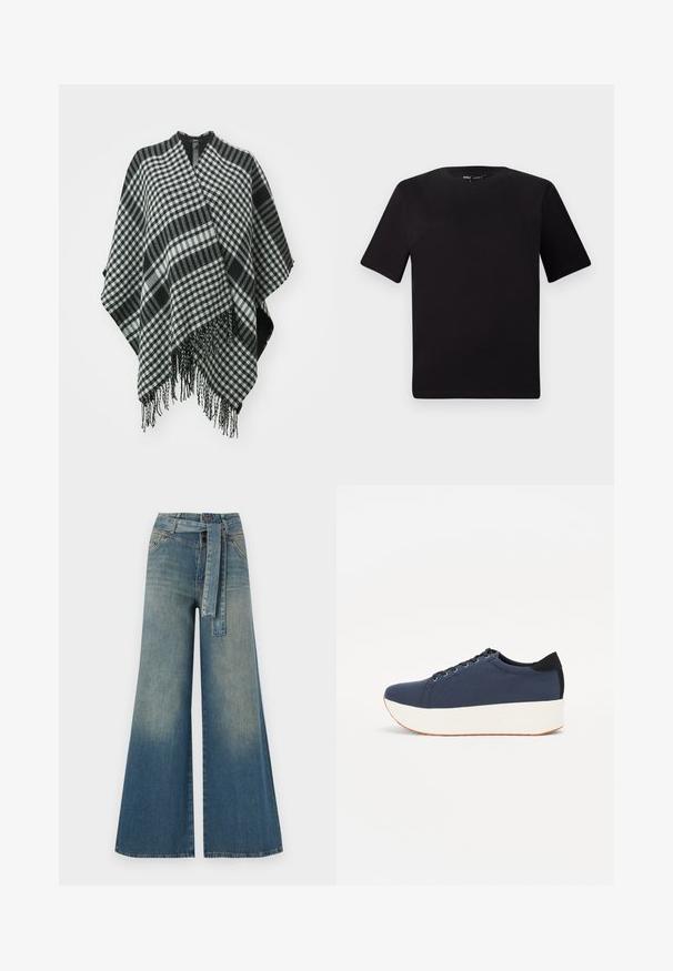 Black and white checked poncho with fringed edges, made of soft fabric, featuring a draped design and v-neck opening at the top.; Black short-sleeve t-shirt with a round neckline, crafted from soft cotton fabric. Simple design, no visible logos or patterns.; Wide-leg denim trousers featuring a light to dark blue gradient, high waist, belt loops, and a matching fabric belt. Textured denim finish.; Navy blue sneaker with a textured fabric upper, white platform sole, rounded toe, and black heel accent. Features six eyelets for laces.