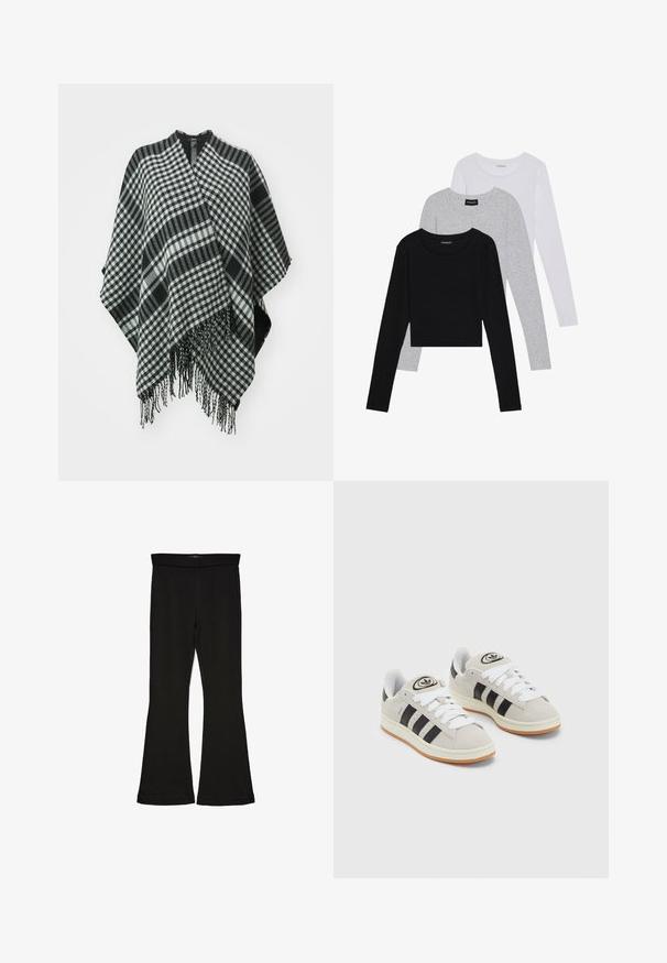 Mustvalge ruuduline ponšo franjeeritud äärtega, pehmest kangast, õdusa disainiga ja v-kaelusega ülaosas.; Kolm pikkade varrukatega toppi, mis on üksteise peale asetatud: must, hall ja valge. Igal ühel on ümar kaelus ja lühike disain, valmistatud siledast, kergekaalulisest kangast.; Mustad mustad sääred, mis on valmistatud venivast kangast. Omab laia vööd ja siledat tekstuuri, sobituv siluett, mis laieneb allservas.; Hallid hallid nahkrennid valgete paeltega, mustade triipudega ja valge kummitaldiga. Omab ümmargust logo keeles ja kummitalda.