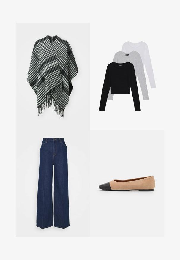 Svart och vitrutigt poncho med fransade kanter, tillverkat av mjukt tyg, med en draperad design och v-ringning upptill.; Tre långärmade tröjor staplade: svart, grå och vit. Var och en har en rund halsringning och en kort design med mjukt, lätt material.; Höga vida jeans i mörkblå denim med fram- och bakfickor, knäppning och synliga söm detaljer.; Beige mockasins med rund svart lädertå, låg klack och mjuk yta, med minimal sömnad och en ren design.