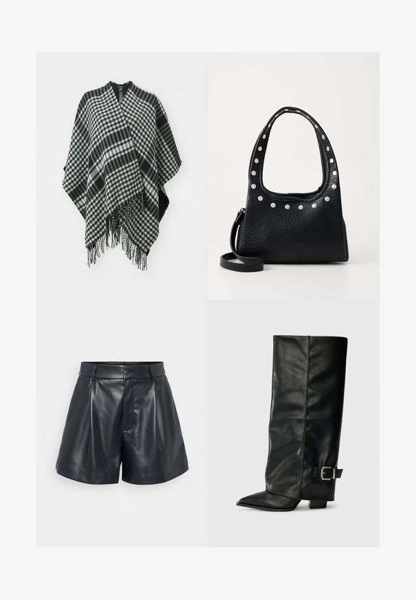 Poncho a scacchi bianco e nero con bordi frangiati, realizzato in tessuto morbido, con un design drappeggiato e apertura a V nella parte superiore.; Maglietta bianca a maniche corte con sovrapposizione in pizzo nero con motivi floreali e bordi ondulati, creando un'estetica a strati.; Pantaloni corti in pelle nera con una superficie liscia, design su misura, parte frontale plissettata e passanti per la cintura; presenta una tasca con zip nascosta sul lato.; Stivali neri in pelle fino alla caviglia con punta affusolata, texture liscia e una fibbia argentata accento sul lato. Tacco quadrato spesso.; Borsa a tracolla in pelle nera texture, con borchie argentate lungo il bordo superiore e le maniglie, dotata di un manico corto e di una tracolla removibile.; Orecchino a cerchio in argento con finitura lucida, caratterizzato da piccoli dettagli in oro e una forma tondeggiante, indossato sul lobo.