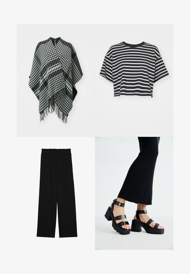 Melnas un baltas rūtiņu pončo ar frizētām malām, izgatavots no mīkstas auduma, ar plūstošu dizainu un V veida atvērumu augšpusē.; Svītrainā īsā t-kreklā jūras zilā un baltā krāsā. Īsas piedurknes, apaļa kakla izgriezums, mīksts audums ar horizontālām svītrām un brīvu piegriezumu.; Melnas platās bikses ar volangām jostasvietā, ar divām sānu kabatām un gludu, vieglu audumu. Nav redzamu rakstu vai aksesuāru.; Melnas platforma siksnas ar masīviem, zolei ar iegriezumiem un daudzām siksnām, kurām ir metāla sprādzes un gluda ādas līdzīga tekstūra.