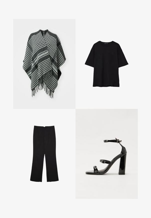 Mustavalkoinen ruudullinen poncho, jossa on fringejä reunassa, valmistettu pehmeästä kankaasta. Ponchossa on roikkuva muotoilu ja v-mallinen aukko ylhäällä.; Musta puuvillainen t-paita, jossa on rento leikkaus, lyhyet hihat, pyöreä pääntie ja sileä rakenne. Ei näkyviä kuvioita tai yksityiskohtia.; Mustat housut suoralinjaisella leikkauksella, joissa on etutaskut ja sivurei'ät helman alla. Valmistettu pehmeästä ja sileästä kankaasta. Sopii eri tilaisuuksiin.; Musta kiiltävä korkokenkä sandaalit neliönmuotoisella varpaalla, nilkkaremmillä ja hopeisilla soljilla. Varustettu tukevalla lohkokorkealla vakauden takaamiseksi.