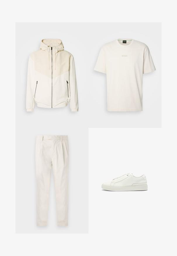 Hooded jacket in off-white with contrasting light beige panel. Features zip closure and side pockets with zip fasteners. Smooth texture.; BOSS TEE - Basic T-shirt - open white; White, pleated trousers with a tailored fit, featuring a smooth texture, belt loops, and tapered legs. No visible pockets or patterns.; White leather sneaker featuring a textured upper, a round toe, minimalistic design, and a rubber sole with stitched detailing.