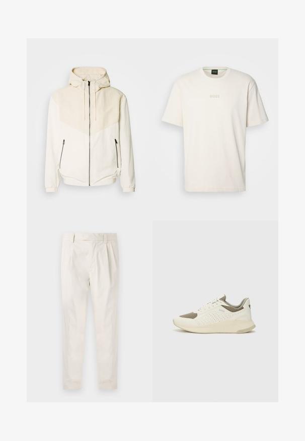 Hoodie-Jacke in Off-White mit kontrastierendem, hellbeigem Einsatz. Verfügt über einen Reißverschluss und seitliche Taschen mit Reißverschluss. Glatte Textur.; BOSS TEE - T-Shirt basic - open white; Weiße, plissierte Hose mit taillierten Schnitt, die eine glatte Textur, Gürtelschlaufen und schmal zulaufende Beine aufweist. Keine sichtbaren Taschen oder Muster.; Weiße und hellbeige Sport Sneakers, ausgestattet mit einem Obermaterial aus Netzgewebe, perforierten Details und einer strukturierten Zwischensohle mit Branding an der Ferse.