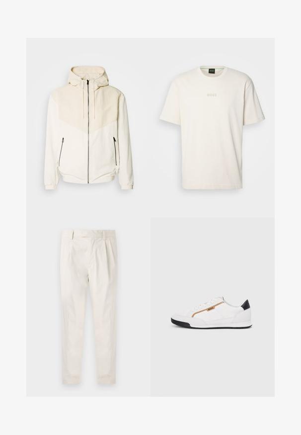 Kapucnis dzseki törtfehér színben, világos bézs kontrasztos betéttel. Cipzáras záródással és oldal zsebekkel rendelkezik, amelyek cipzárral vannak ellátva. Sima textúra.; BOSS TEE - Basic póló - open white; Fehér, pliszírozott nadrág, testre szabott szabással, sima felülettel, övhurkokkal és karcsú lábszárral. Nincs látható zseb vagy minta.; Fehér sportcipők, hálós és bőr díszítésekkel. Kiemelkedő arany "BOSS" logó, textúrázott oldalpanelekkel és fekete sarokkal. Gumi talp.